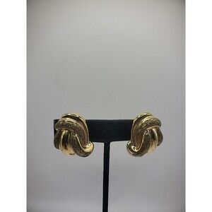 Vintage Earrings Clip On Gold Tone Glitter Scalloped Jewelry Costume